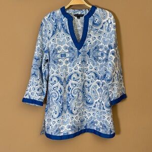 Brooks Brothers Linen Blue and White Paisley V-Neck Tunic
